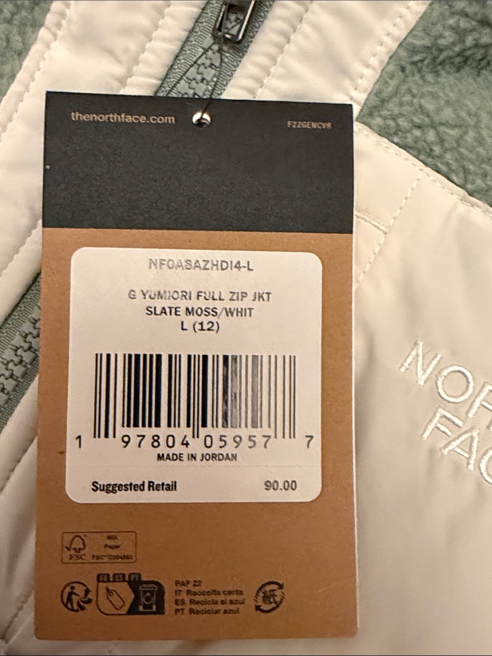 The North Face Girls' Green Fleece Full-Zip Jacket Cream Trim L (12) - Picture 3 of 3